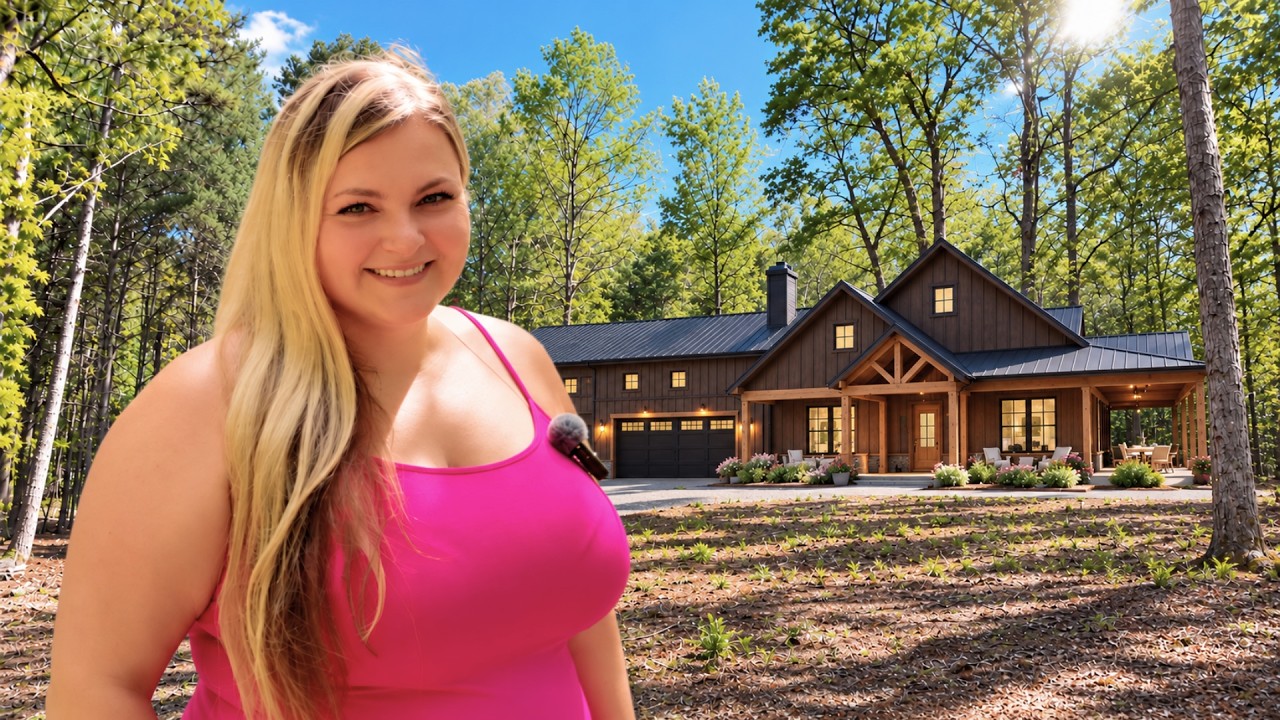 Bree smiling in front of the finished barndominium