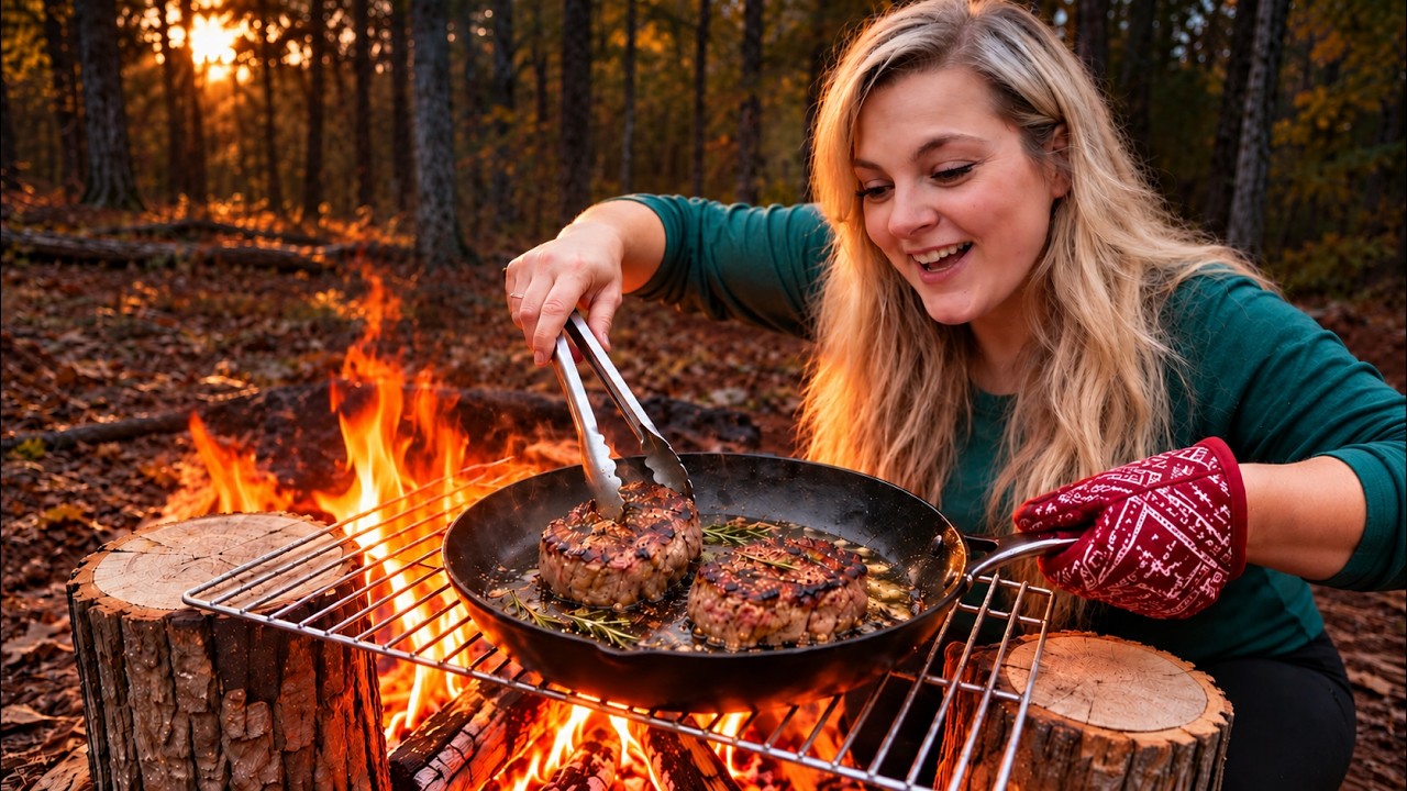 Bree cooking steak over a campfire